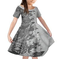 Polynesia Kid Short Sleeve Dress Hibiscus and Hawaiian Tribal Tattoo Retro Style Gray Color - Wonder Print Shop
