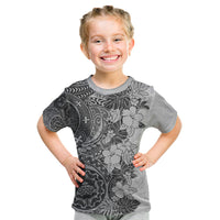 Polynesia Kid T Shirt Hibiscus and Hawaiian Tribal Tattoo Retro Style Gray Color - Wonder Print Shop