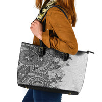 Polynesia Leather Tote Bag Hibiscus and Hawaiian Tribal Tattoo Retro Style Gray Color - Wonder Print Shop