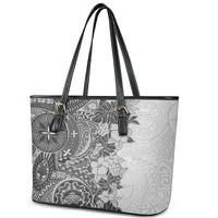 Polynesia Leather Tote Bag Hibiscus and Hawaiian Tribal Tattoo Retro Style Gray Color - Wonder Print Shop