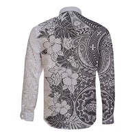 Polynesia Long Sleeve Button Shirt Hibiscus and Hawaiian Tribal Tattoo Retro Style Gray Color - Wonder Print Shop