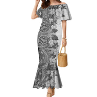 Polynesia Mermaid Dress Hibiscus and Hawaiian Tribal Tattoo Retro Style Gray Color - Wonder Print Shop