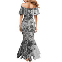 Polynesia Mermaid Dress Hibiscus and Hawaiian Tribal Tattoo Retro Style Gray Color - Wonder Print Shop