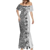 Polynesia Mermaid Dress Hibiscus and Hawaiian Tribal Tattoo Retro Style Gray Color - Wonder Print Shop
