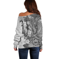 Polynesia Off Shoulder Sweater Hibiscus and Hawaiian Tribal Tattoo Retro Style Gray Color - Wonder Print Shop