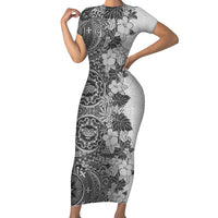 Polynesia Short Sleeve Bodycon Dress Hibiscus and Hawaiian Tribal Tattoo Retro Style Gray Color - Wonder Print Shop