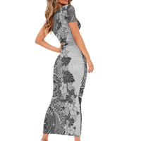 Polynesia Short Sleeve Bodycon Dress Hibiscus and Hawaiian Tribal Tattoo Retro Style Gray Color - Wonder Print Shop