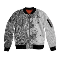 Polynesia Sleeve Zip Bomber Jacket Hibiscus and Hawaiian Tribal Tattoo Retro Style Gray Color - Wonder Print Shop