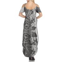 Polynesia Summer Maxi Dress Hibiscus and Hawaiian Tribal Tattoo Retro Style Gray Color - Wonder Print Shop