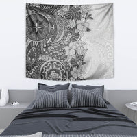 Polynesia Tapestry Hibiscus and Hawaiian Tribal Tattoo Retro Style Gray Color - Wonder Print Shop