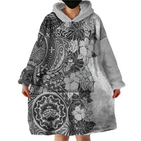 Polynesia Wearable Blanket Hoodie Hibiscus and Hawaiian Tribal Tattoo Retro Style Gray Color - Wonder Print Shop