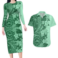 Polynesia Couples Matching Long Sleeve Bodycon Dress and Hawaiian Shirt Hibiscus and Hawaiian Tribal Tattoo Retro Style Green Color LT9 - Wonder Print Shop