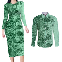 Polynesia Couples Matching Long Sleeve Bodycon Dress and Long Sleeve Button Shirt Hibiscus and Hawaiian Tribal Tattoo Retro Style Green Color LT9 - Wonder Print Shop