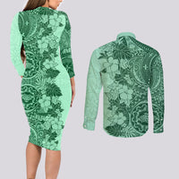 Polynesia Couples Matching Long Sleeve Bodycon Dress and Long Sleeve Button Shirt Hibiscus and Hawaiian Tribal Tattoo Retro Style Green Color LT9 - Wonder Print Shop