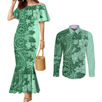 polynesia-couples-matching-mermaid-dress-and-long-sleeve-button-shirt-hibiscus-and-hawaiian-tribal-tattoo-retro-style-green-color