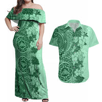Polynesia Couples Matching Off Shoulder Maxi Dress and Hawaiian Shirt Hibiscus and Hawaiian Tribal Tattoo Retro Style Green Color LT9 - Wonder Print Shop