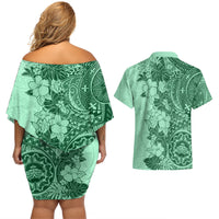 Polynesia Couples Matching Off Shoulder Short Dress and Hawaiian Shirt Hibiscus and Hawaiian Tribal Tattoo Retro Style Green Color LT9 - Wonder Print Shop
