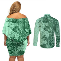 Polynesia Couples Matching Off Shoulder Short Dress and Long Sleeve Button Shirt Hibiscus and Hawaiian Tribal Tattoo Retro Style Green Color LT9 - Wonder Print Shop