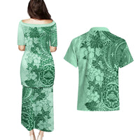 Polynesia Couples Matching Puletasi Dress and Hawaiian Shirt Hibiscus and Hawaiian Tribal Tattoo Retro Style Green Color LT9 - Wonder Print Shop