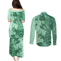 Polynesia Couples Matching Puletasi Dress and Long Sleeve Button Shirt Hibiscus and Hawaiian Tribal Tattoo Retro Style Green Color LT9 - Wonder Print Shop