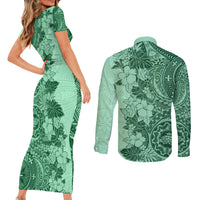 Polynesia Couples Matching Short Sleeve Bodycon Dress and Long Sleeve Button Shirt Hibiscus and Hawaiian Tribal Tattoo Retro Style Green Color LT9 - Wonder Print Shop