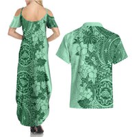 Polynesia Couples Matching Summer Maxi Dress and Hawaiian Shirt Hibiscus and Hawaiian Tribal Tattoo Retro Style Green Color LT9 - Wonder Print Shop