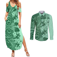Polynesia Couples Matching Summer Maxi Dress and Long Sleeve Button Shirt Hibiscus and Hawaiian Tribal Tattoo Retro Style Green Color LT9 - Wonder Print Shop
