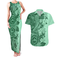 Polynesia Couples Matching Tank Maxi Dress and Hawaiian Shirt Hibiscus and Hawaiian Tribal Tattoo Retro Style Green Color LT9 - Wonder Print Shop