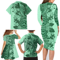 Polynesia Family Matching Long Sleeve Bodycon Dress and Hawaiian Shirt Hibiscus and Hawaiian Tribal Tattoo Retro Style Green Color LT9 - Wonder Print Shop