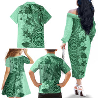 Polynesia Family Matching Off Shoulder Long Sleeve Dress and Hawaiian Shirt Hibiscus and Hawaiian Tribal Tattoo Retro Style Green Color - Wonder Print Shop