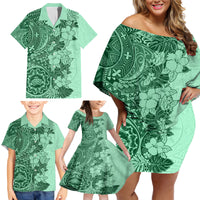 Polynesia Family Matching Off Shoulder Short Dress and Hawaiian Shirt Hibiscus and Hawaiian Tribal Tattoo Retro Style Green Color LT9 - Wonder Print Shop