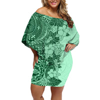 Polynesia Family Matching Off Shoulder Short Dress and Hawaiian Shirt Hibiscus and Hawaiian Tribal Tattoo Retro Style Green Color LT9 - Wonder Print Shop