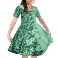 Polynesia Family Matching Puletasi Dress and Hawaiian Shirt Hibiscus and Hawaiian Tribal Tattoo Retro Style Green Color - Wonder Print Shop
