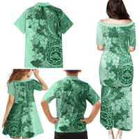 Polynesia Family Matching Puletasi Dress and Hawaiian Shirt Hibiscus and Hawaiian Tribal Tattoo Retro Style Green Color - Wonder Print Shop