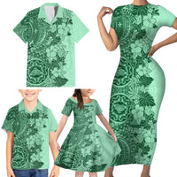 Polynesia Family Matching Short Sleeve Bodycon Dress and Hawaiian Shirt Hibiscus and Hawaiian Tribal Tattoo Retro Style Green Color - Wonder Print Shop