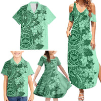 Polynesia Family Matching Summer Maxi Dress and Hawaiian Shirt Hibiscus and Hawaiian Tribal Tattoo Retro Style Green Color - Wonder Print Shop