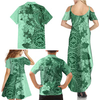 Polynesia Family Matching Summer Maxi Dress and Hawaiian Shirt Hibiscus and Hawaiian Tribal Tattoo Retro Style Green Color - Wonder Print Shop