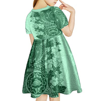 Polynesia Kid Short Sleeve Dress Hibiscus and Hawaiian Tribal Tattoo Retro Style Green Color - Wonder Print Shop