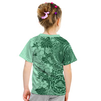 Polynesia Kid T Shirt Hibiscus and Hawaiian Tribal Tattoo Retro Style Green Color - Wonder Print Shop