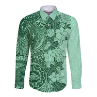 Polynesia Long Sleeve Button Shirt Hibiscus and Hawaiian Tribal Tattoo Retro Style Green Color - Wonder Print Shop