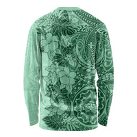 Polynesia Long Sleeve Shirt Hibiscus and Hawaiian Tribal Tattoo Retro Style Green Color - Wonder Print Shop