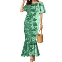 Polynesia Mermaid Dress Hibiscus and Hawaiian Tribal Tattoo Retro Style Green Color - Wonder Print Shop