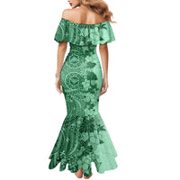 Polynesia Mermaid Dress Hibiscus and Hawaiian Tribal Tattoo Retro Style Green Color - Wonder Print Shop