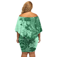 Polynesia Off Shoulder Short Dress Hibiscus and Hawaiian Tribal Tattoo Retro Style Green Color - Wonder Print Shop