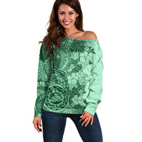 Polynesia Off Shoulder Sweater Hibiscus and Hawaiian Tribal Tattoo Retro Style Green Color - Wonder Print Shop