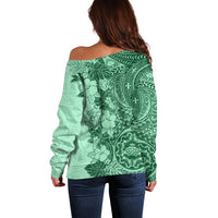 Polynesia Off Shoulder Sweater Hibiscus and Hawaiian Tribal Tattoo Retro Style Green Color - Wonder Print Shop