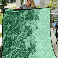 Polynesia Quilt Hibiscus and Hawaiian Tribal Tattoo Retro Style Green Color - Wonder Print Shop