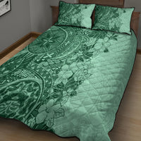 Polynesia Quilt Bed Set Hibiscus and Hawaiian Tribal Tattoo Retro Style Green Color - Wonder Print Shop