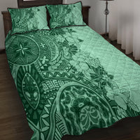 Polynesia Quilt Bed Set Hibiscus and Hawaiian Tribal Tattoo Retro Style Green Color - Wonder Print Shop