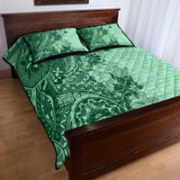 Polynesia Quilt Bed Set Hibiscus and Hawaiian Tribal Tattoo Retro Style Green Color - Wonder Print Shop